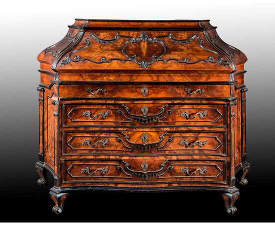 Walnut veneered drop-front chest of drawers, in eighteenth-century Lombard style.