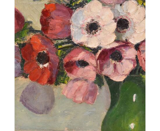 QUADRI ANTICHI, ART DECO, NATURA MORTA CON FIORI, ANEMONI E PAPAVERI, OLIO SU TELA, XX. (QF702)
