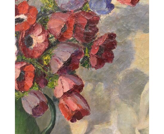 QUADRI ANTICHI, ART DECO, NATURA MORTA CON FIORI, ANEMONI E PAPAVERI, OLIO SU TELA, XX. (QF702)