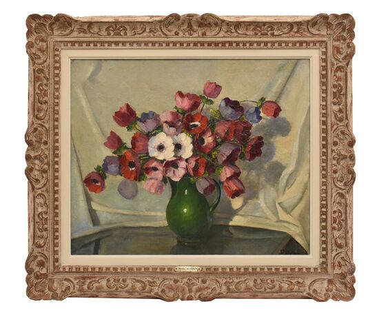 QUADRI ANTICHI, ART DECO, NATURA MORTA CON FIORI, ANEMONI E PAPAVERI, OLIO SU TELA, XX. (QF702)