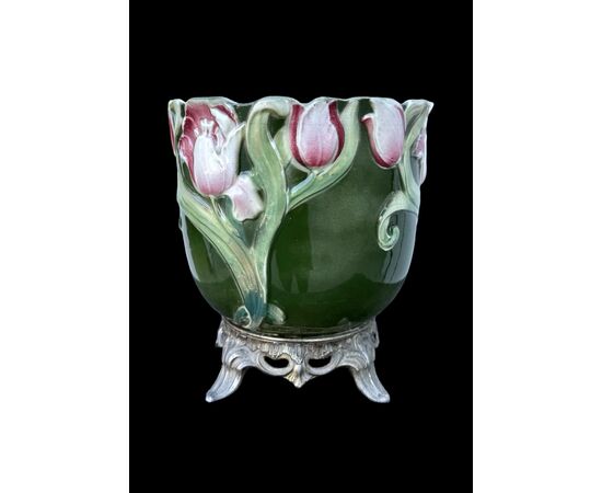 Barbotine ceramic jardiniere vase with floral decoration. France.