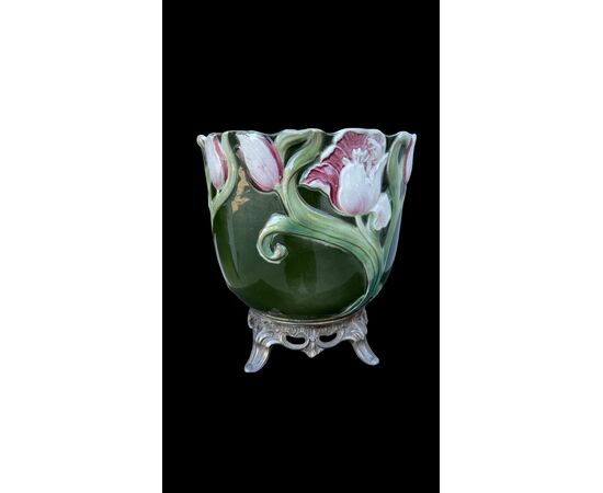 Barbotine ceramic jardiniere vase with floral decoration. France.
