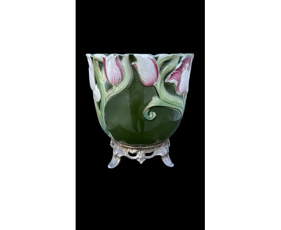 Barbotine ceramic jardiniere vase with floral decoration. France.