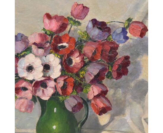 QUADRI ANTICHI, ART DECO, NATURA MORTA CON FIORI, ANEMONI E PAPAVERI, OLIO SU TELA, XX. (QF702)