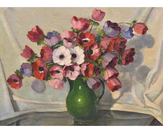 QUADRI ANTICHI, ART DECO, NATURA MORTA CON FIORI, ANEMONI E PAPAVERI, OLIO SU TELA, XX. (QF702)