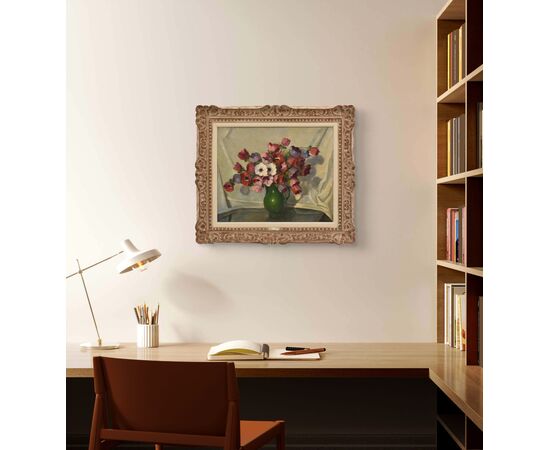 QUADRI ANTICHI, ART DECO, NATURA MORTA CON FIORI, ANEMONI E PAPAVERI, OLIO SU TELA, XX. (QF702)