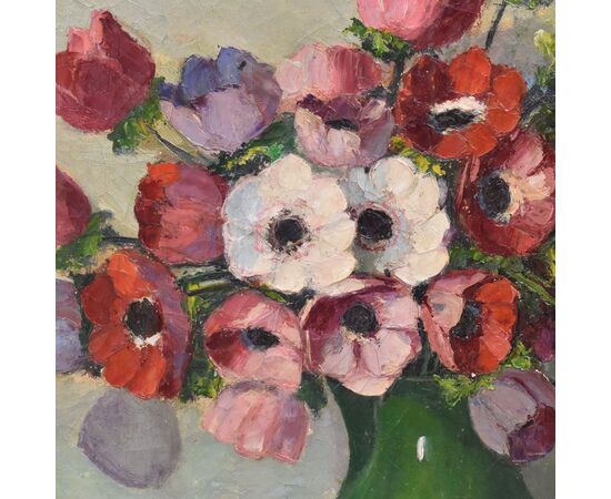 QUADRI ANTICHI, ART DECO, NATURA MORTA CON FIORI, ANEMONI E PAPAVERI, OLIO SU TELA, XX. (QF702)