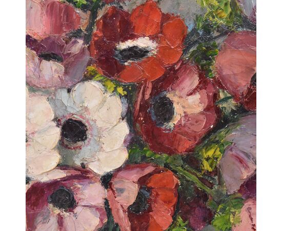 QUADRI ANTICHI, ART DECO, NATURA MORTA CON FIORI, ANEMONI E PAPAVERI, OLIO SU TELA, XX. (QF702)