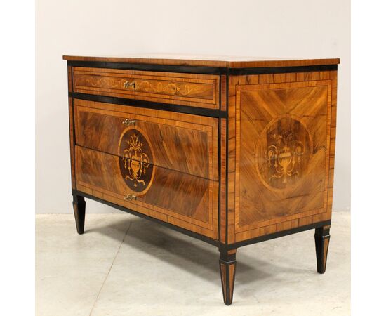 Antico cassettone comò Luigi XVI in noce intarsiato - Italia epoca '700