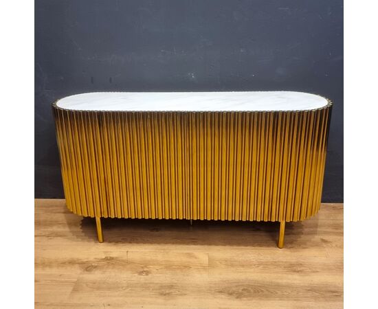 Vintage Gold Steel Credenza with Marble Top