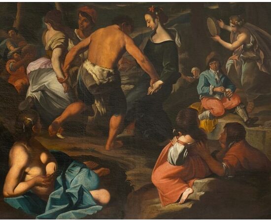 Fine 17th-century oil on canvas. Country scene with musicians – school of Francesco Guarini (1611-1654)