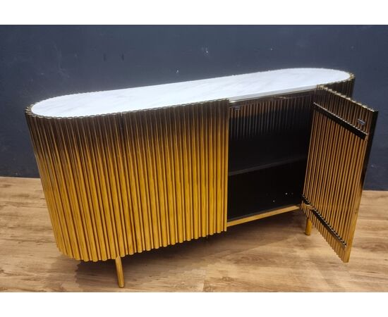 Vintage Gold Steel Credenza with Marble Top
