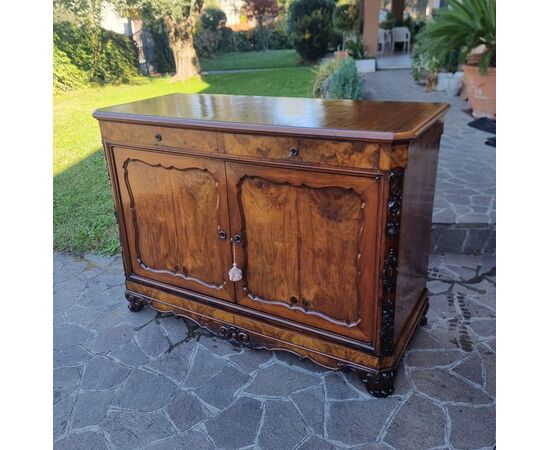 Pair of Bolognese sideboards, 1830, Charles X style in walnut briar