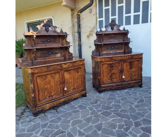 Pair of Bolognese sideboards, 1830, Charles X style in walnut briar