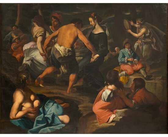 Fine 17th-century oil on canvas. Country scene with musicians – school of Francesco Guarini (1611-1654)