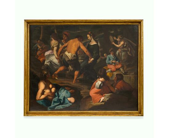 Fine 17th-century oil on canvas. Country scene with musicians – school of Francesco Guarini (1611-1654)