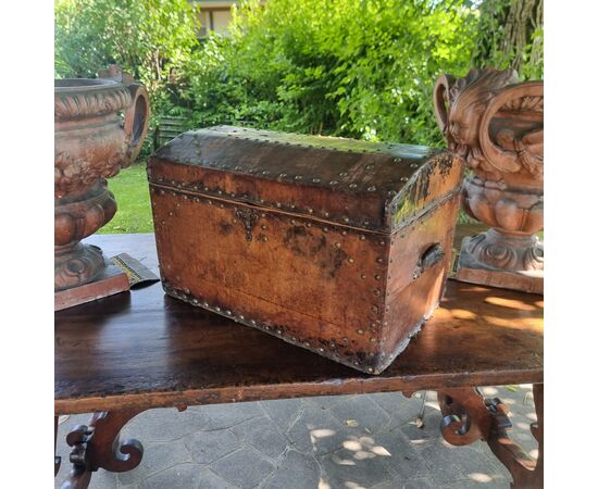 17th century leather carriage trunk with studs