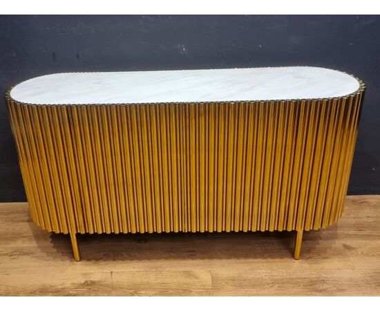 Vintage Gold Steel Credenza with Marble Top