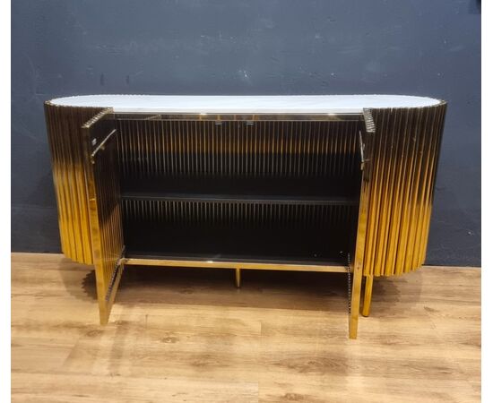 Vintage Gold Steel Credenza with Marble Top