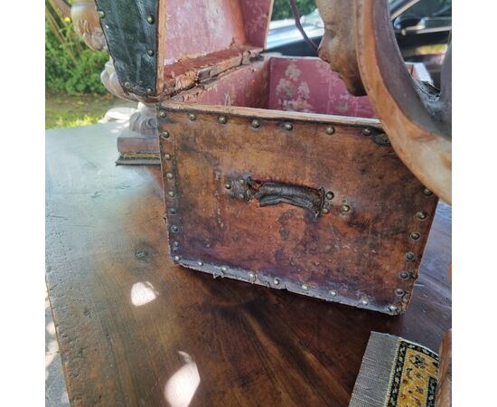 17th century leather carriage trunk with studs