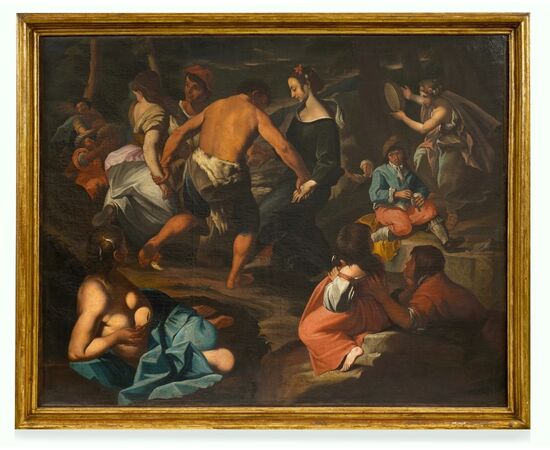 Fine 17th-century oil on canvas. Country scene with musicians – school of Francesco Guarini (1611-1654)