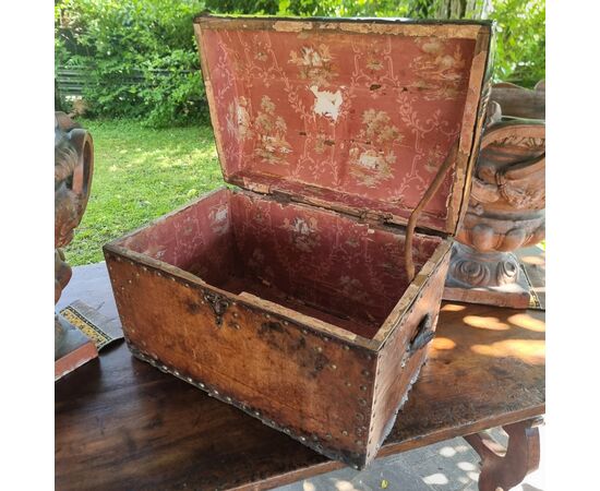 17th century leather carriage trunk with studs