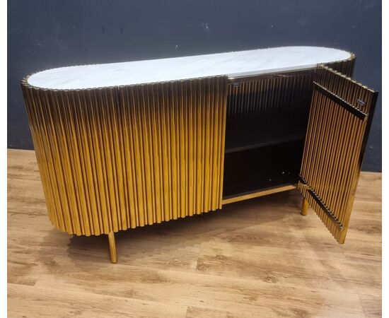 Vintage Gold Steel Credenza with Marble Top