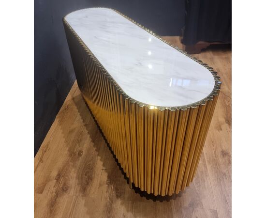 Vintage Gold Steel Credenza with Marble Top