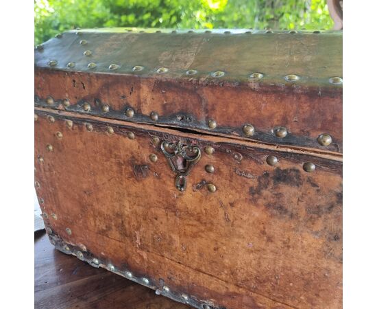 17th century leather carriage trunk with studs