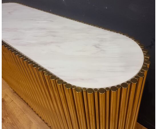 Vintage Gold Steel Credenza with Marble Top