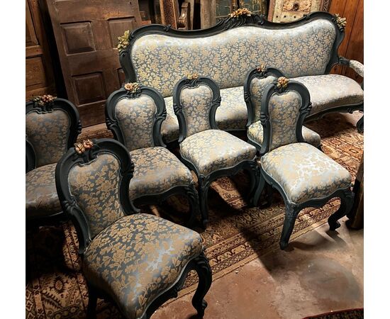 PANC131 - Salotto Liberty composto da 6 sedie, 2 poltrone, divano e consolle, epoca '900