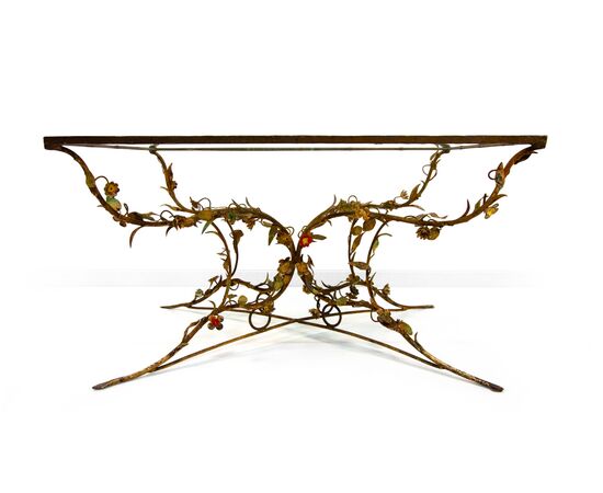 Tavolino in ferro battuto e vetro, XX secolo