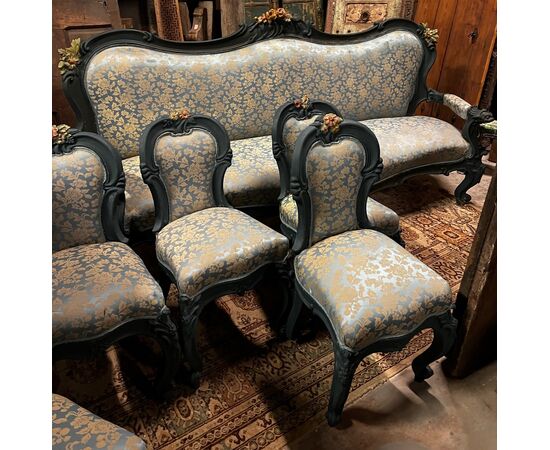 PANC131 - Salotto Liberty composto da 6 sedie, 2 poltrone, divano e consolle, epoca '900