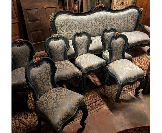 PANC131 - Salotto Liberty composto da 6 sedie, 2 poltrone, divano e consolle, epoca '900