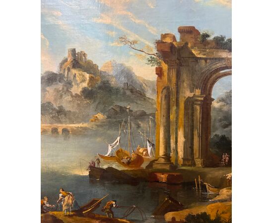 Capriccio con rovine architettoniche e veduta di porto - dipinto su tela