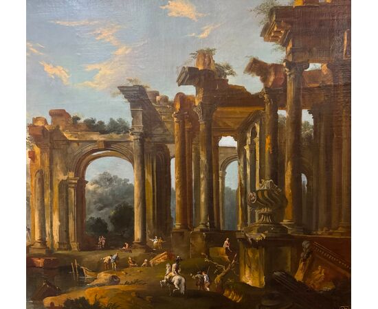 Capriccio con rovine architettoniche e veduta di porto - dipinto su tela