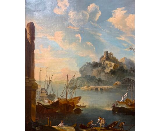 Capriccio con rovine architettoniche e veduta di porto - dipinto su tela