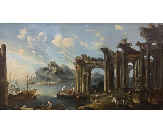 Capriccio con rovine architettoniche e veduta di porto - dipinto su tela