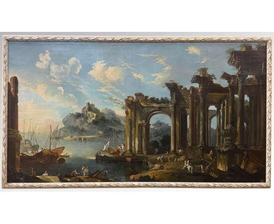 Capriccio con rovine architettoniche e veduta di porto - dipinto su tela