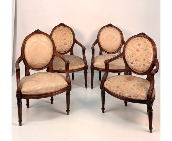 Set of four walnut armchairs, Piedmont, late 18th century