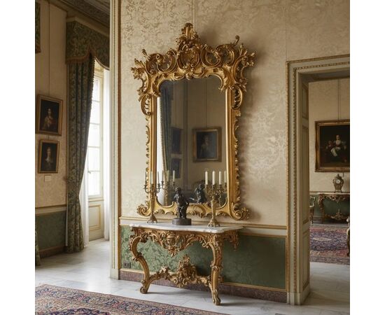 
Maestosa Specchiera in Legno Dorato, XIX Secolo