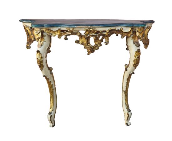 Neapolitan Louis XV console in carved, mecca-silvered and lacquered wood, mid-18th century