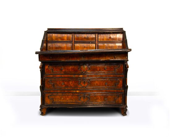 Walnut burl veneered slant-front chest of drawers, Lombardy, 18th century