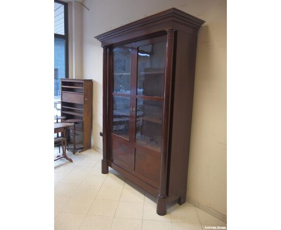 LIBRERIA A DUE PORTE IN MOGANO CON COLONNE PIENE STILE IMPERO EPOCA PRIMI 800 cm L148xP45xH228