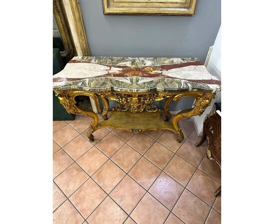 
Coppia di Consolle Luigi XV in Legno Dorato e Marmo diaspro