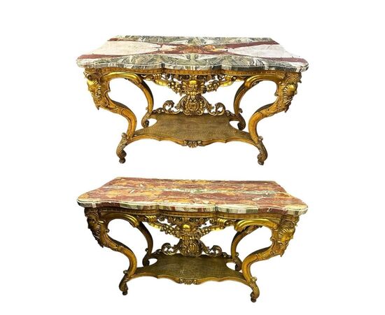 
Coppia di Consolle Luigi XV in Legno Dorato e Marmo diaspro