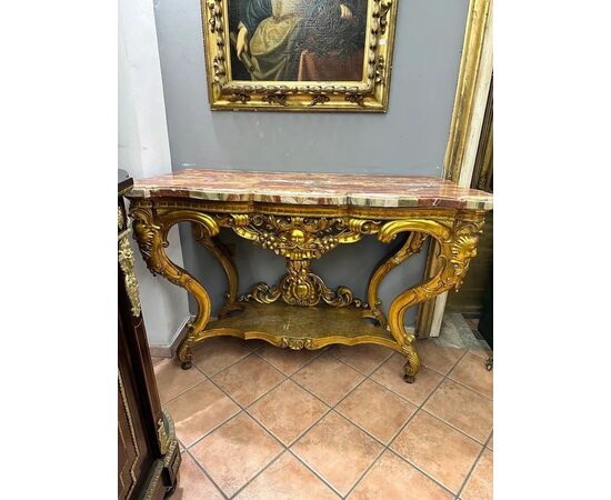 
Coppia di Consolle Luigi XV in Legno Dorato e Marmo diaspro