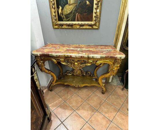 
Coppia di Consolle Luigi XV in Legno Dorato e Marmo diaspro