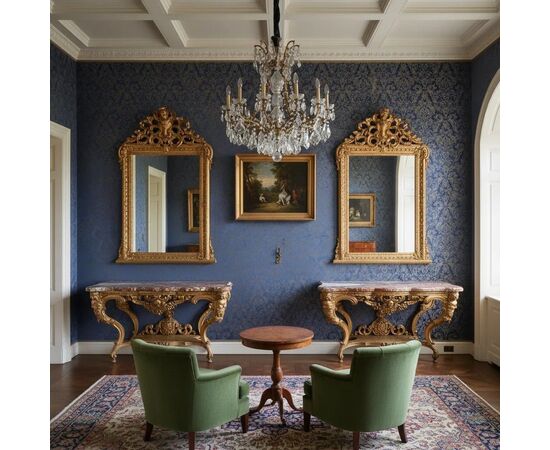 
Coppia di Consolle Luigi XV in Legno Dorato e Marmo diaspro