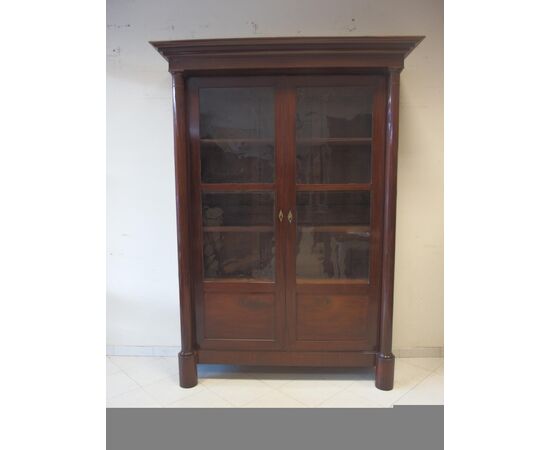 LIBRERIA A DUE PORTE IN MOGANO CON COLONNE PIENE STILE IMPERO EPOCA PRIMI 800 cm L148xP45xH228
